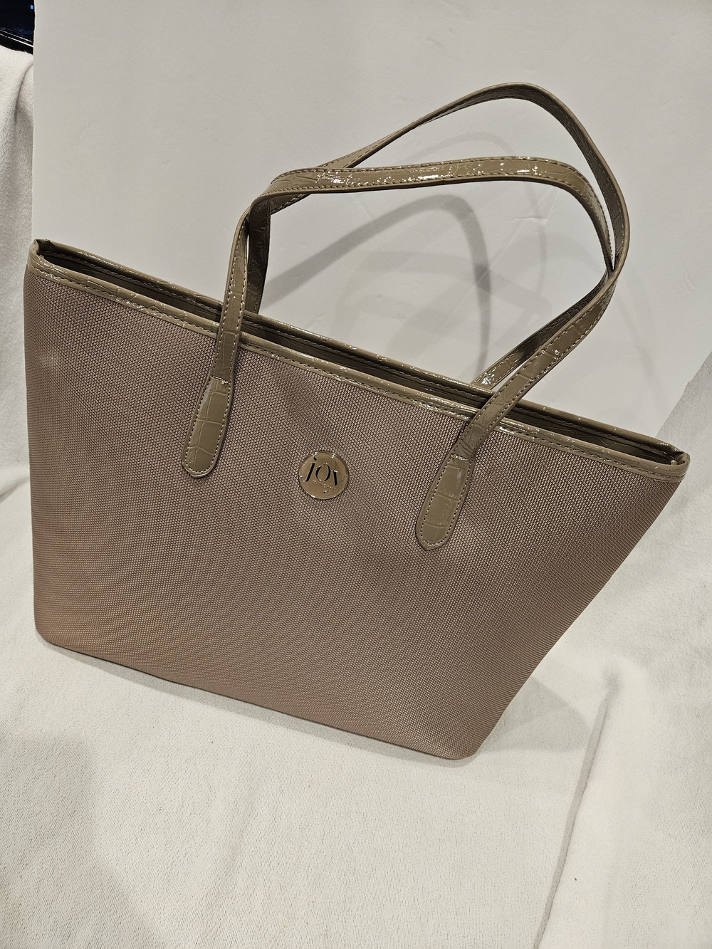 Joy Mangano Taupe Champagne  Canvas Tote with Patent Trim